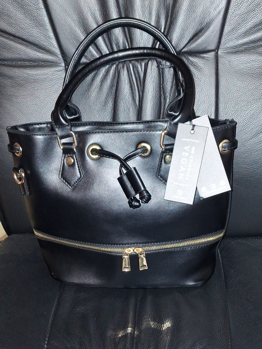 ☀️$25 Black Vegan Leather Drawstring Tote with Gold Hardware
